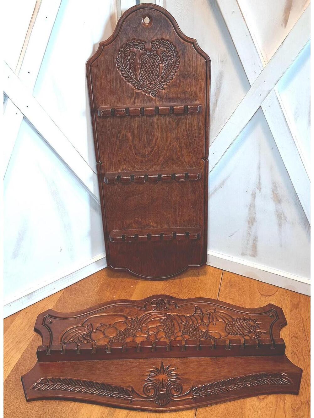 2 Vintage Wooden Souvenir Spoon Rack Holder Wall Hanging Plaques Carved Details